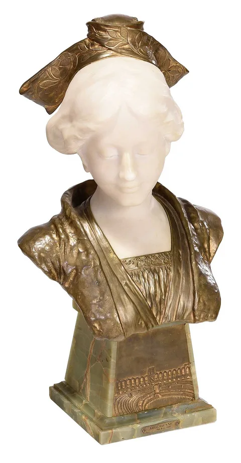 Dominique Alonzo Sculptural Bust, Young Beauty, marble head with gilt bronze headpiece and shoulders