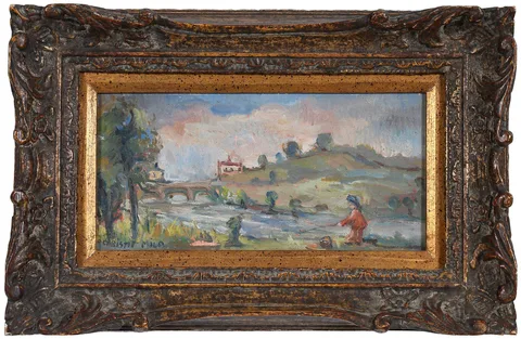 Christie Milo, Little Boy Fishing on the Outskirts of Town, oil on canvas
