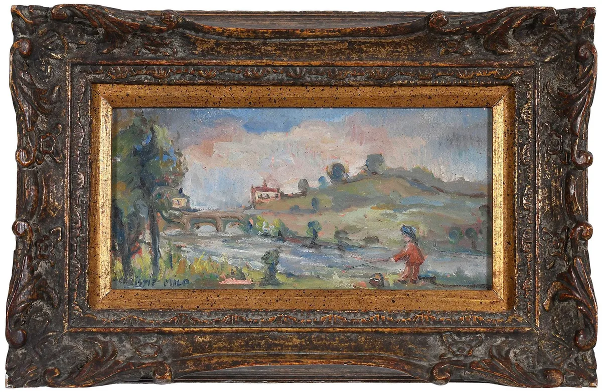 Christie Milo, Little Boy Fishing on the Outskirts of Town, oil on canvas