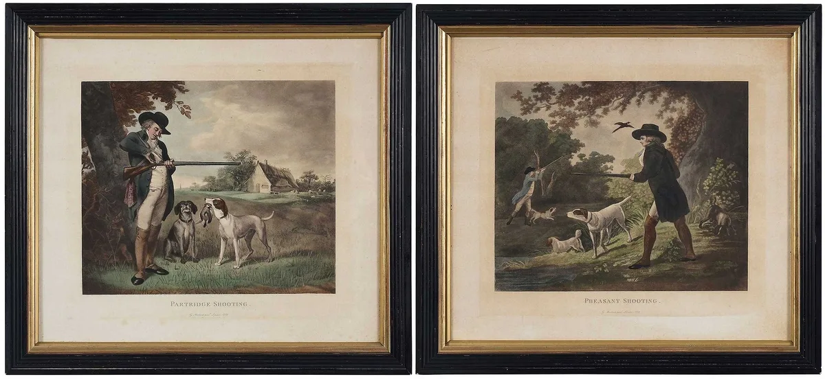 Two Sporting Prints by George Morland, hand colored engravings on paper, sold Jan 2025