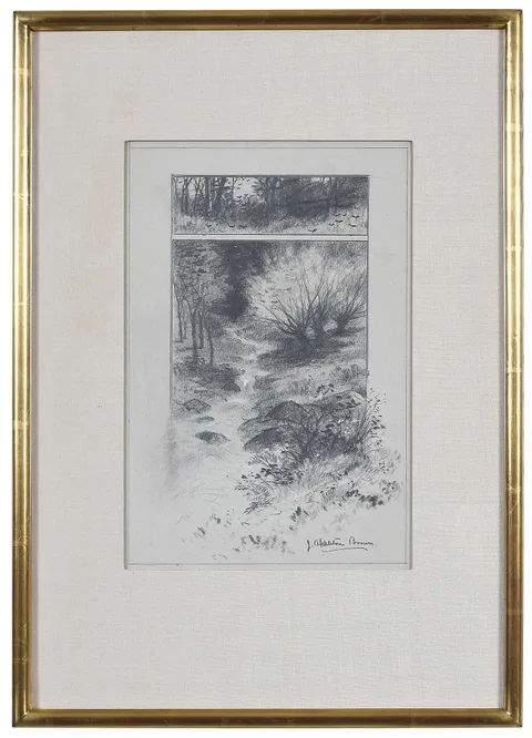 John Appleton Brown, Woodland Stream, pencil and gouache on blue paper