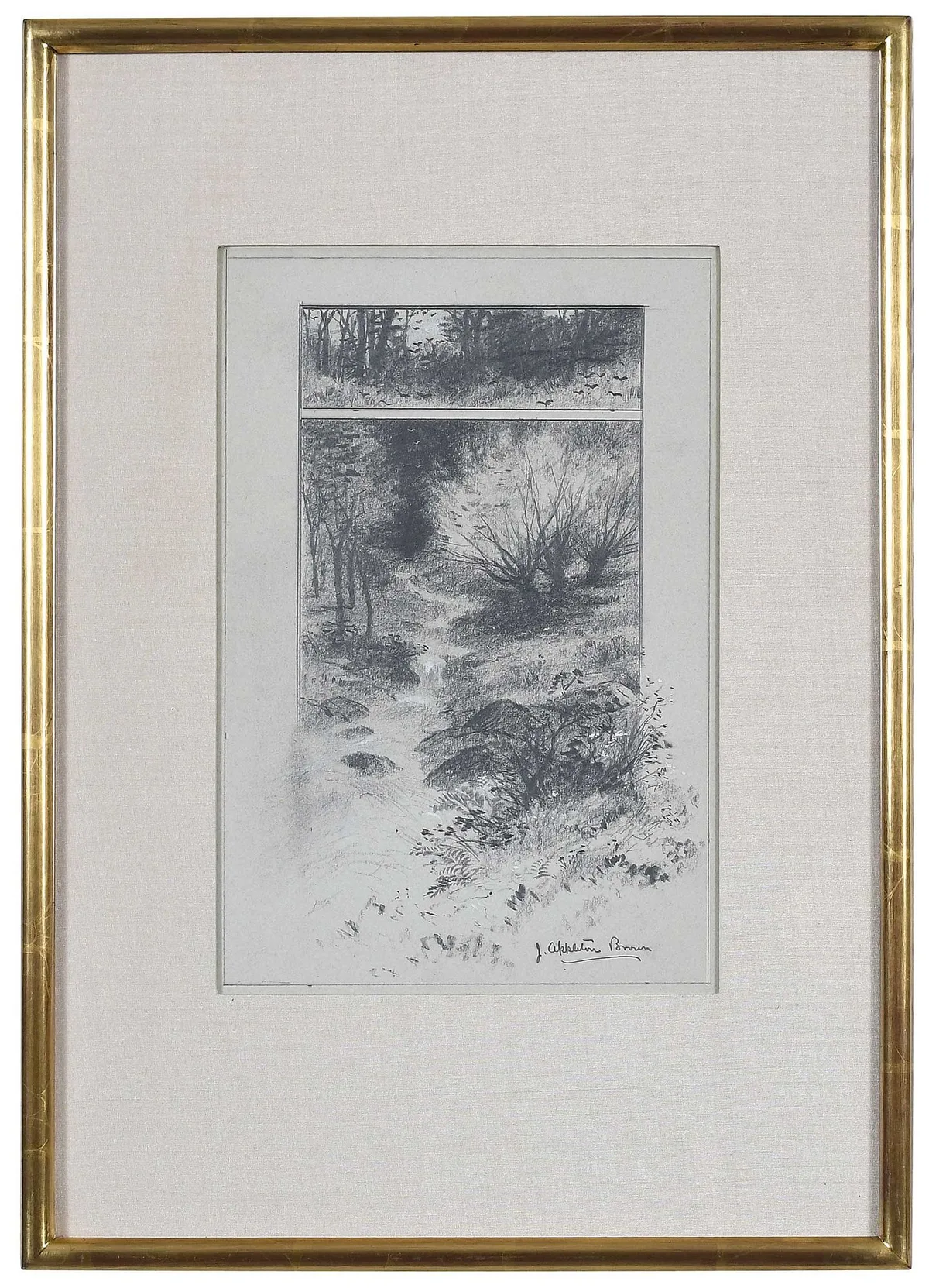Woodland Stream by John Appleton Brown, pencil and gouache on blue paper, offered Jan 2025