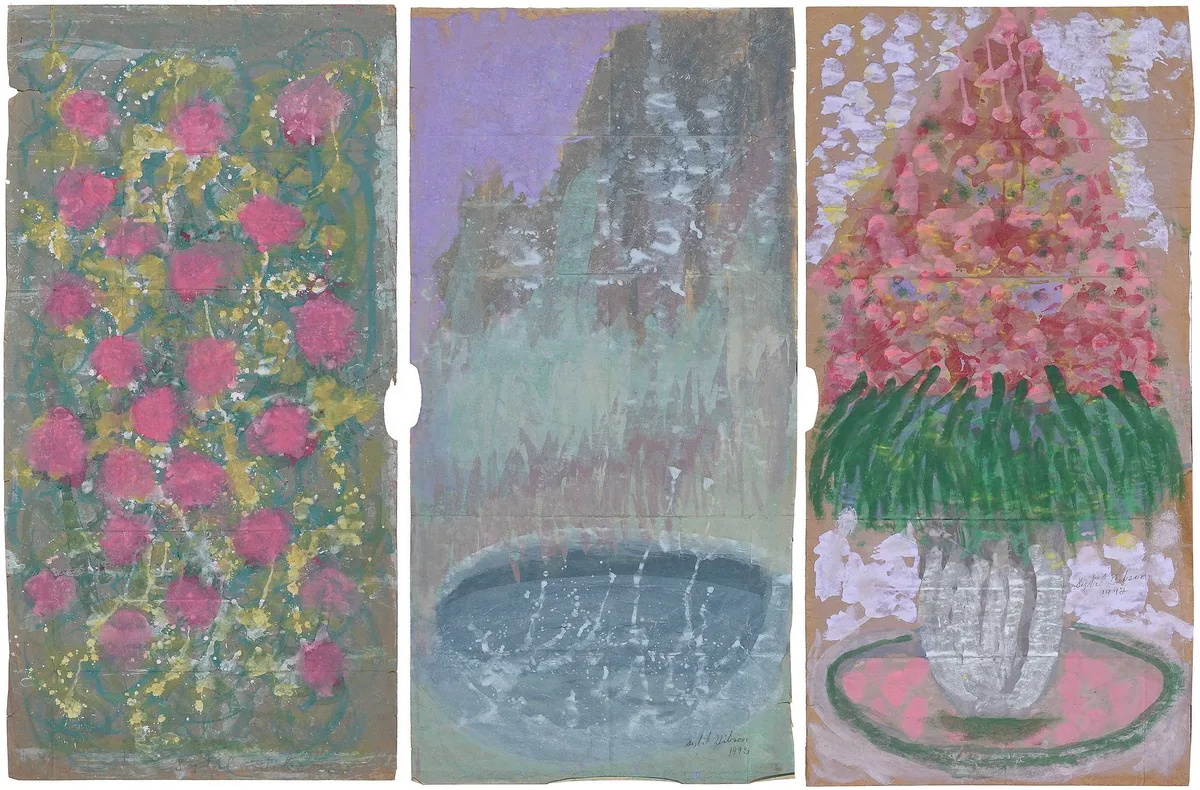 Sybil Gibson, Three Paintings: Potted Plant, tempera on brown paper bag