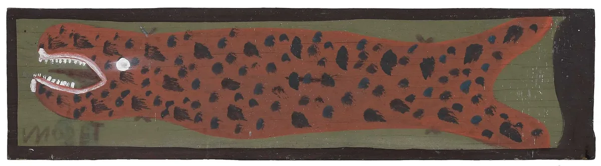 Red Spotted Fish by Mose Tolliver, paint on board, sold Sep 2024