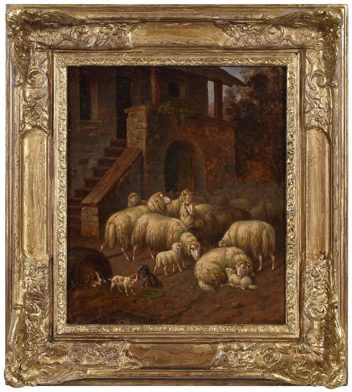 Adolf D. Nowey, Sheep and Dogs in a Farm Yard, oil on panel