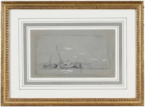 Dennis Miller Bunker, Boats on Shore, pencil and gouache on gray paper