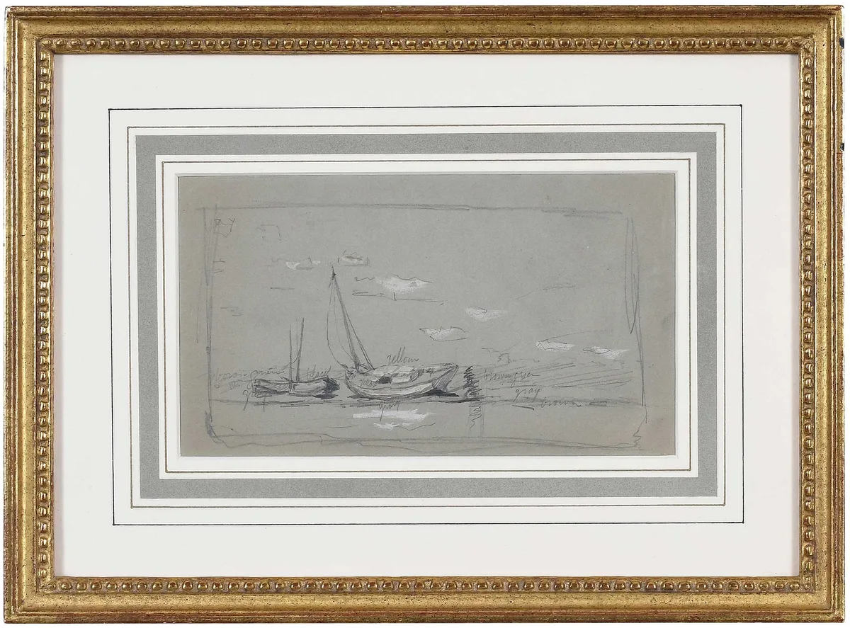 Boats on Shore by Dennis Miller Bunker, pencil and gouache on gray paper, sold Jun 2024