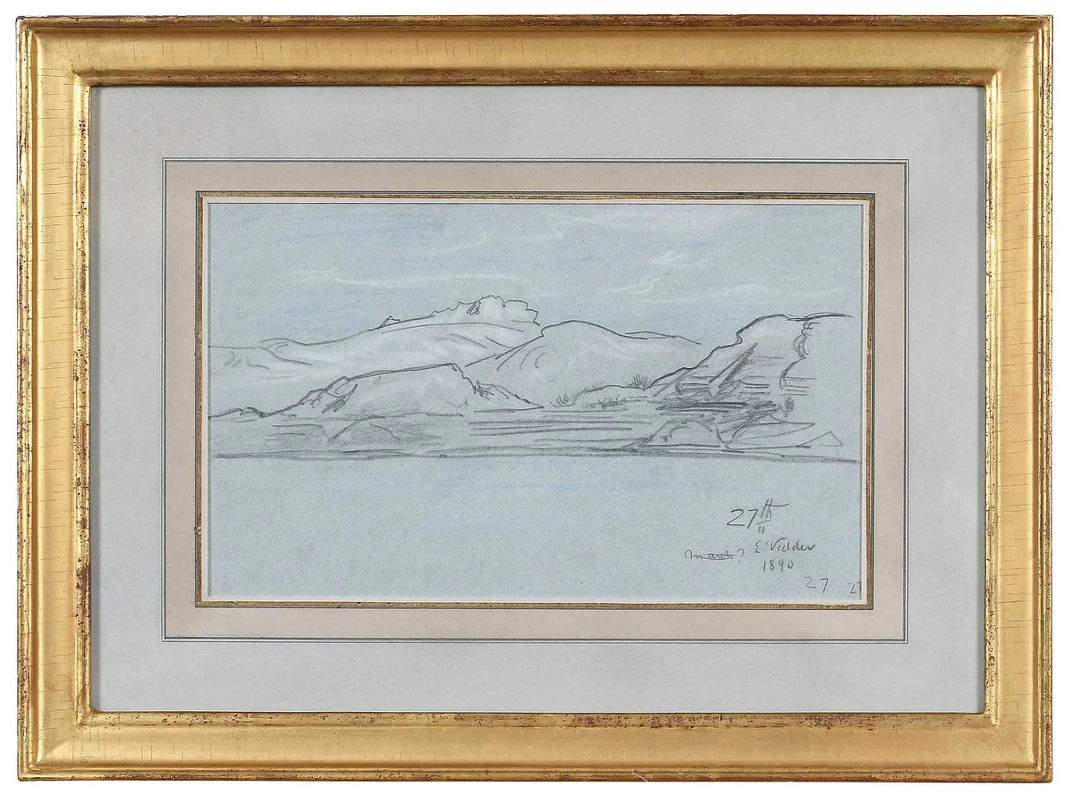 Elihu Vedder, Abu Simbel, 1890, crayon and chalk on blue gray paper