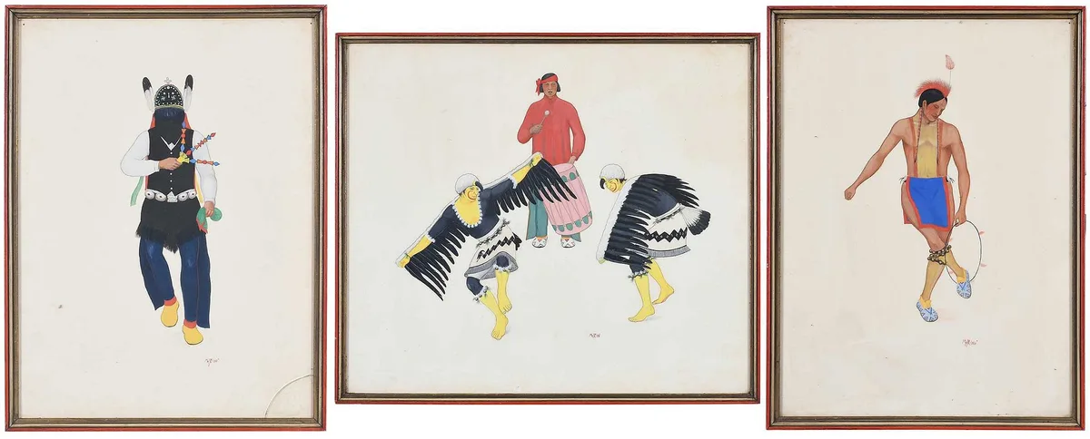 Velino Herrera, Three Paintings of Pueblo Ceremonial Dancers, each signed lower right "Ma-Pe-Wi, gouache on paper