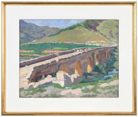 Alonzo C. Webb, Roman Aqueduct with Figures Crossing, oil on board