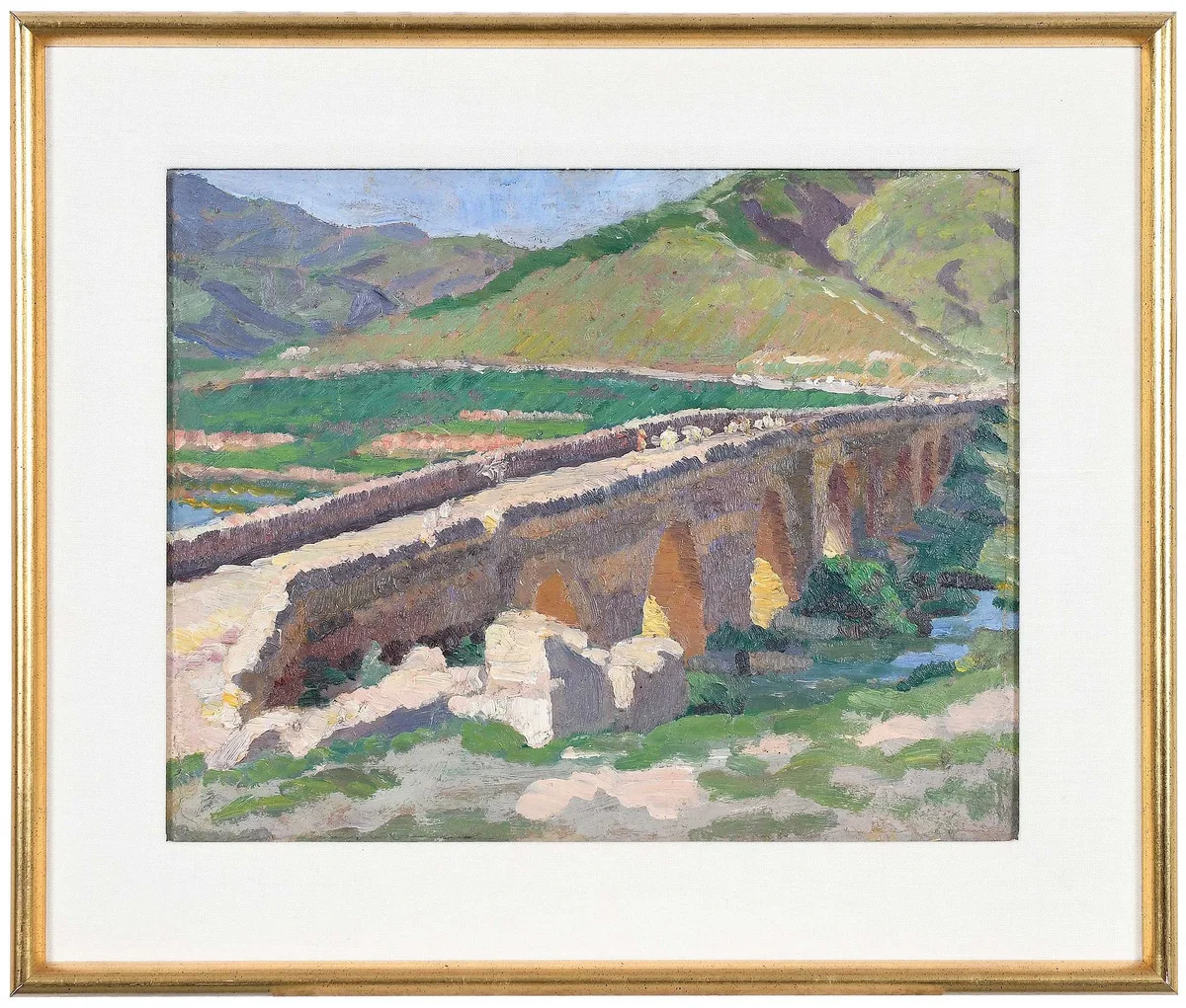 Alonzo C. Webb, Roman Aqueduct with Figures Crossing, oil on board