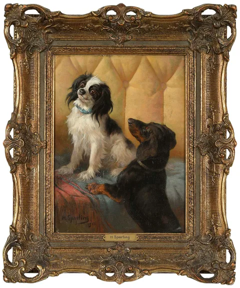 Want to Play?, a King Charles spaniel and a dachshund by Heinrich Sperling, 1903, oil on canvas, sold Feb 2024