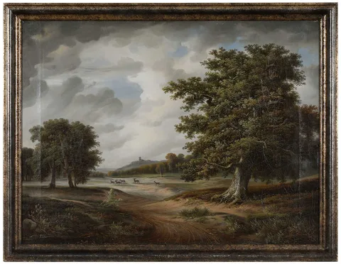 August Becker, Landscape with Deer, oil on canvas