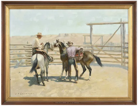 Jack N. Swanson, Saddling a Bronc, oil on Masonite