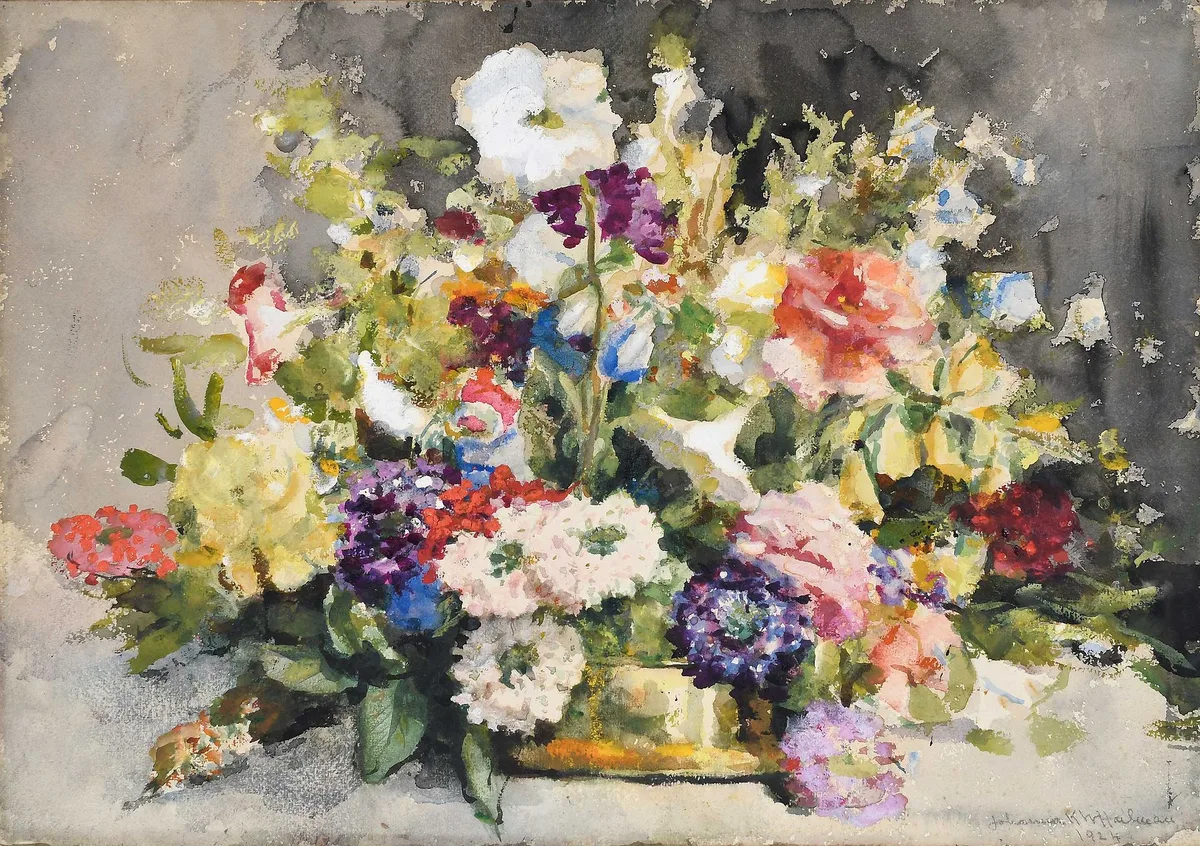 Floral Still Life by Johanna Hailman, watercolor on paper, sold Jan 2024