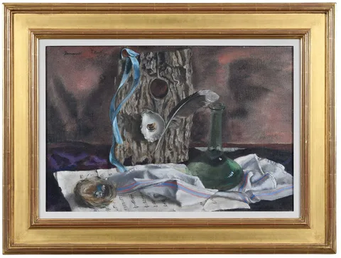 Jerry Farnsworth, Driftwood and Green Bottle, oil on canvas