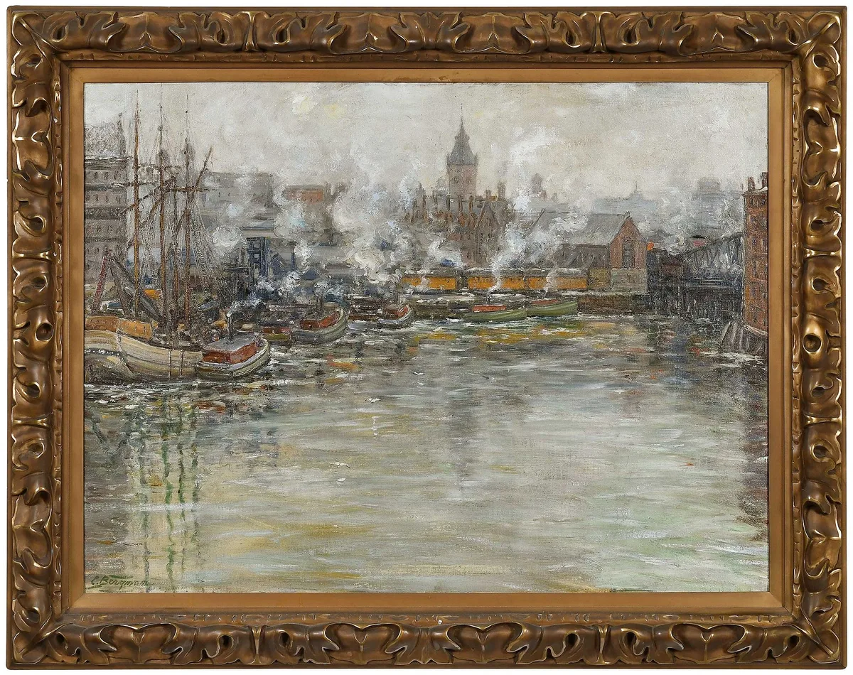 Charles Pierre Bergman, Harbor, oil on canvas