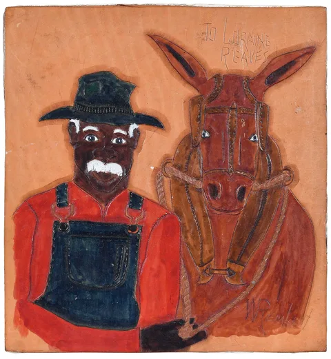 Winfred Rembert, Farmer and Mule, dye on carved and tooled leather