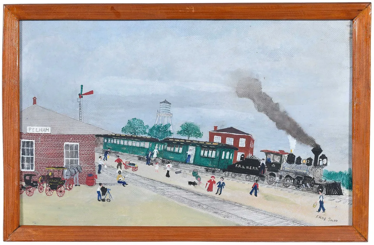 Pelham Railroad Station in 1903 by Frog Smith, oil on board, sold Jan 2024