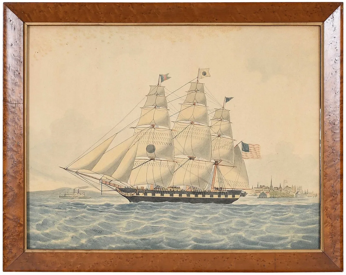 Lucius A. Briggs, Black Ball Liner Isaac Webb in New York Harbor, watercolor on card