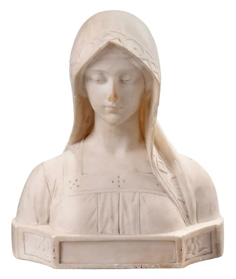 Bust of Female by Adolfo Cipriani, carved alabaster, sold Nov 2023