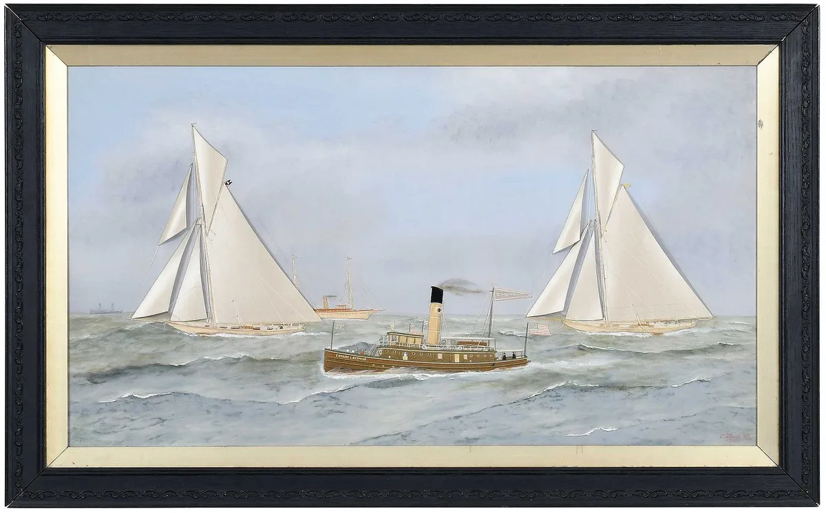 Thomas H. Willis, Shamrock and Reliance III Crossing the Line at the 1903 America's Cup, 1904, mixed media: oil on canvas with silk thread and silk and velvet fabric