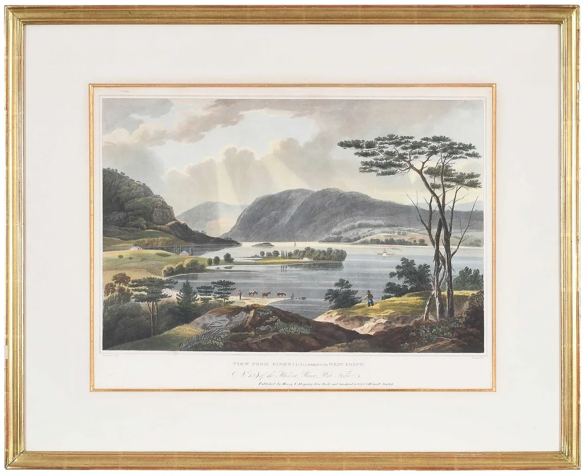 Hudson River View by William Guy Wall, 1825, large hand colored aquatint on heavy wove paper, sold Nov 2023