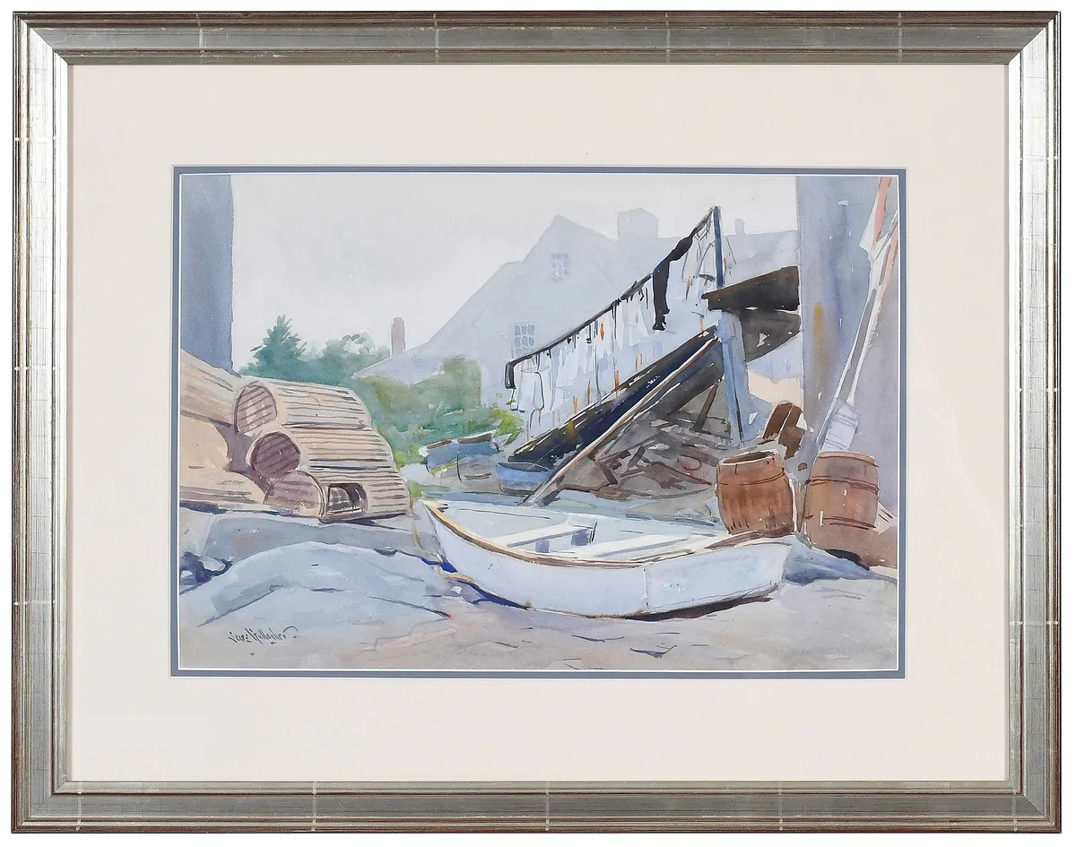 Fish Beach, Monhegan by Sears Gallagher, watercolor on paper, sold Nov 2023