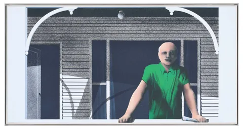 Maud Gatewood, Older Man on Balcony, 1981, acrylic on canvas