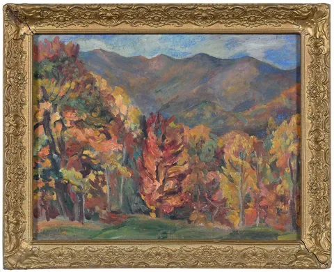 Elizabeth White, Late Autumn, N.C. Mountains, estate stamp lower left "Elizabeth White", tag verso "Item Number 42/Estate Elizabeth White/February 2, oil on artist's board