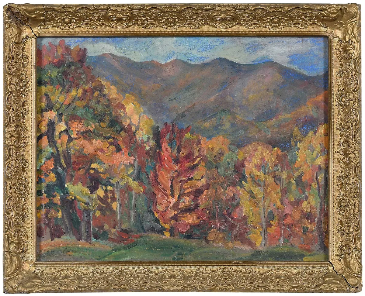 Elizabeth White, Late Autumn, N.C. Mountains, estate stamp lower left "Elizabeth White", tag verso "Item Number 42/Estate Elizabeth White/February 2, oil on artist's board