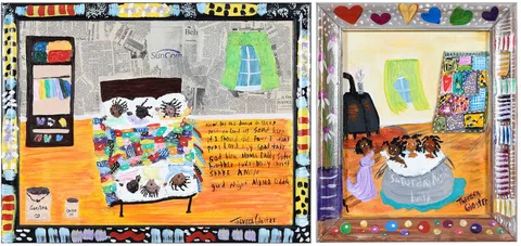 Theresa Gloster, Two paintings: Now I Lay Me Down to Sleep, acrylic and collage on board