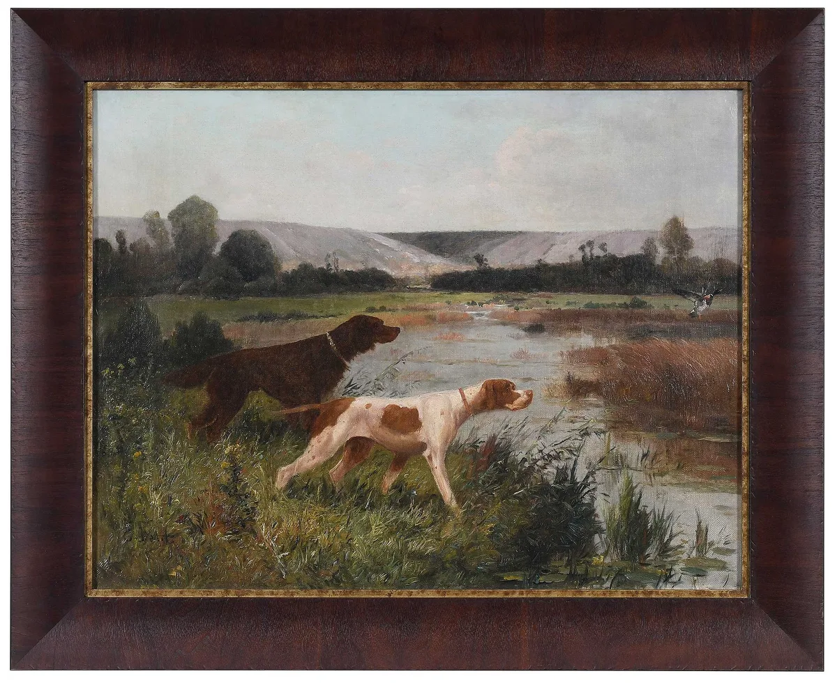 Eugene C. Petit, A Russett Setter and a Pointer Flushing Ducks, oil on canvas