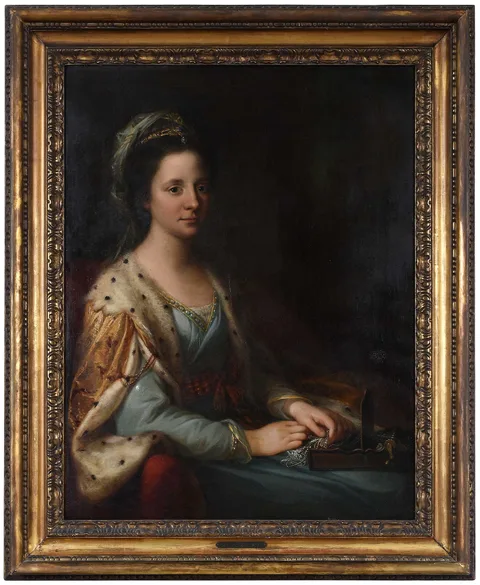 Angelika Kauffmann, Portrait of Albinia Brodrick, Viscountess Midleton, in an ermine trimmed stole, and holding a silk winder, oil on canvas