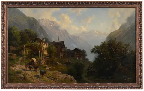 Paul Weber, Alpine Village with Traveler, oil on canvas
