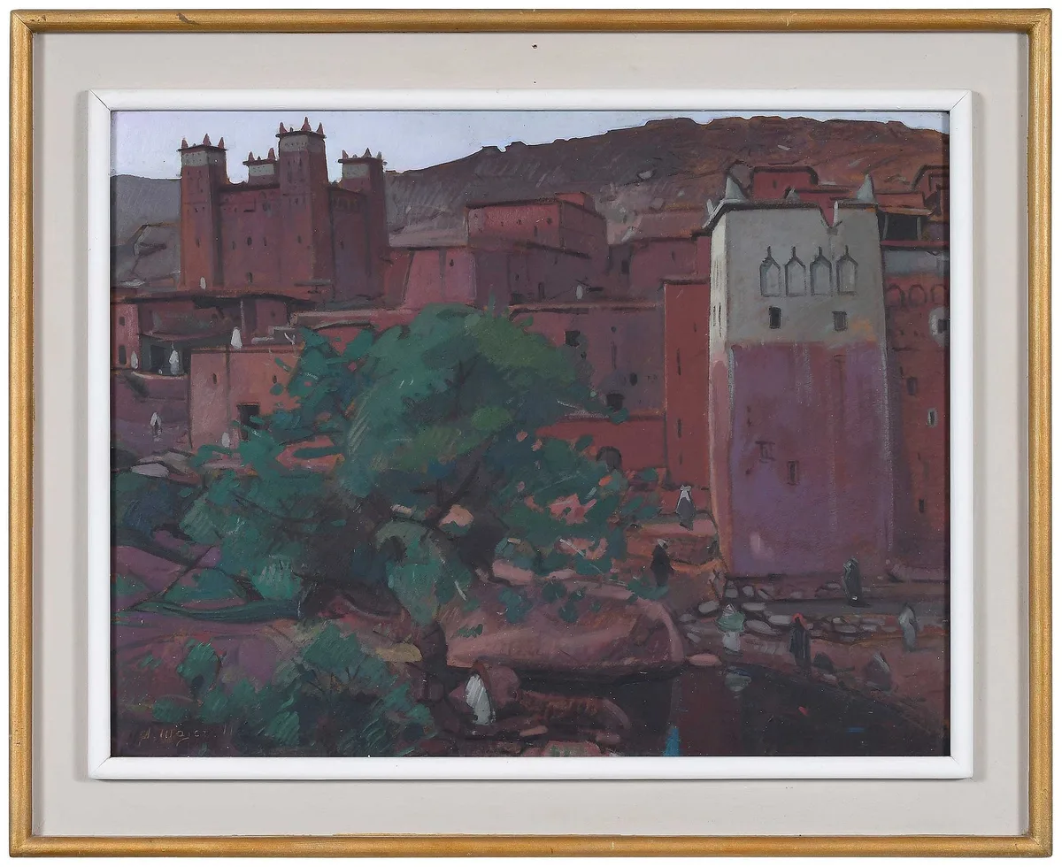 Jacques Majorelle, Crepuscule, Anemiter, vallee de l'Ounila, Grand Atlas, signature incised in wet paint lower left "J. Majorelle, oil on hardboard