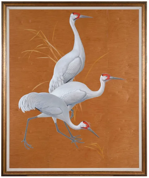 Athos Menaboni, Three Cranes, oil on birch veneered board