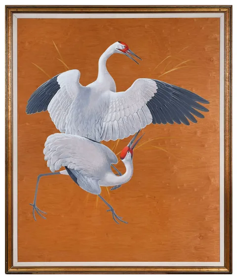 Athos Menaboni, Two Cranes, oil on birch veneered board