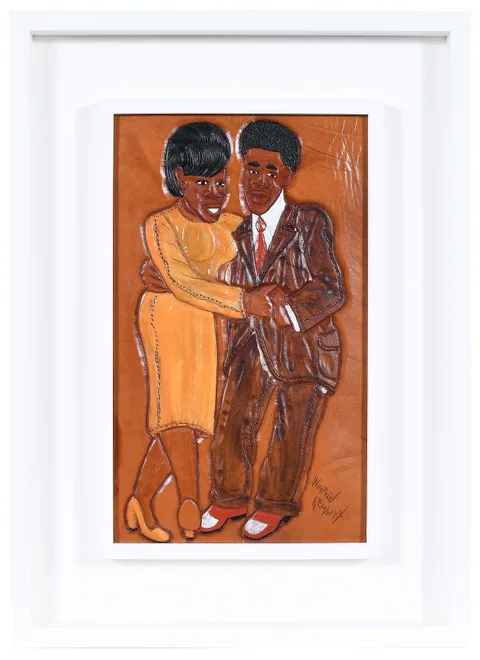Winfred Rembert, Winfred and Patsy's First Dance, dye on carved and tooled leather