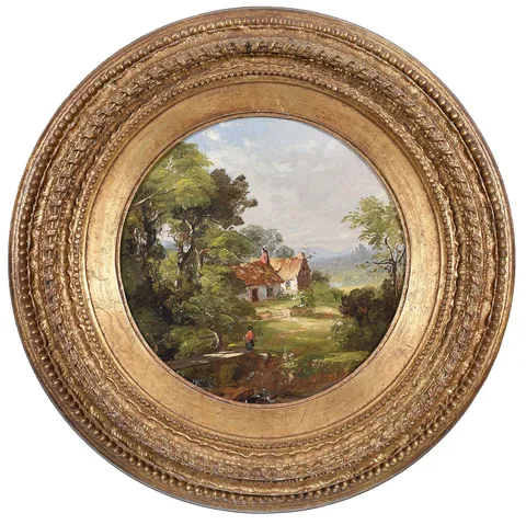Farm Land by Jasper Francis Cropsey, oil on round canvas, sold Sep 2023