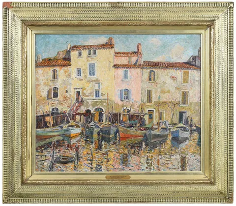 Martigue, France by Wilson Henry Irvine, oil on canvas, sold Sep 2023