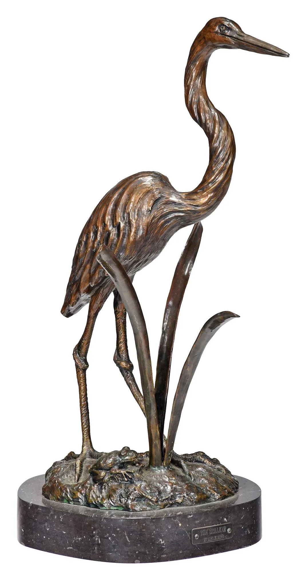 Heron Bronze by Carl Wagner, 1989, bronze on gray marble base, sold Sep 2023