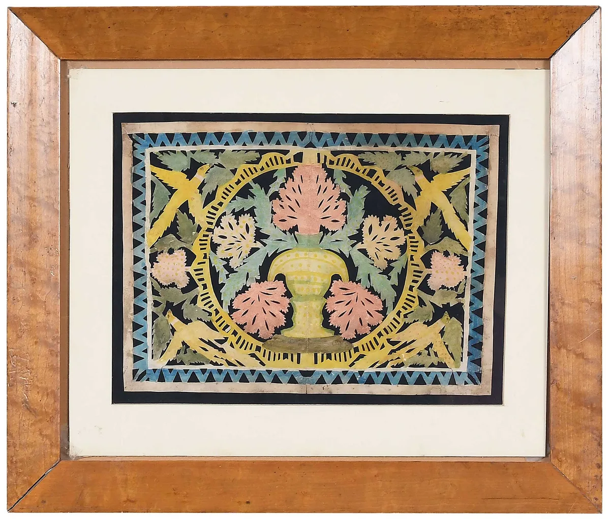 Pennsylvania School Cutwork, Birds and Flowers, a cutwork watercolor on paper