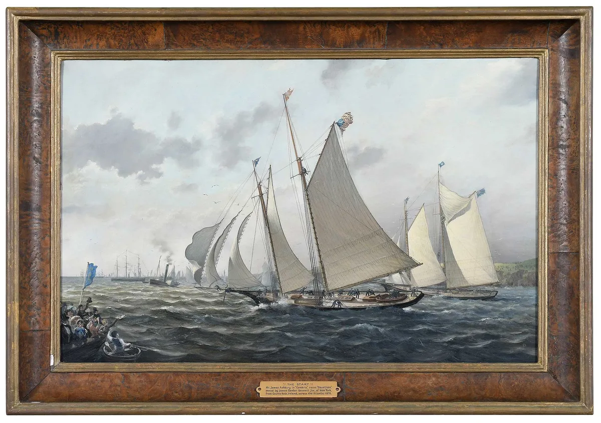 Leonard John Pearce, The Start - Mr. James Ashbury in Cambria, races Dauntless owned by James Gordon Bennett Jnr. of New York, from Gaunt's Rock, Ireland, across the Atlantic, 1870, fine linen on panel