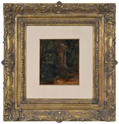 Ancient Tree and Figures by a Path by Théodore Rousseau, oil on canvas, sold Sep 2023