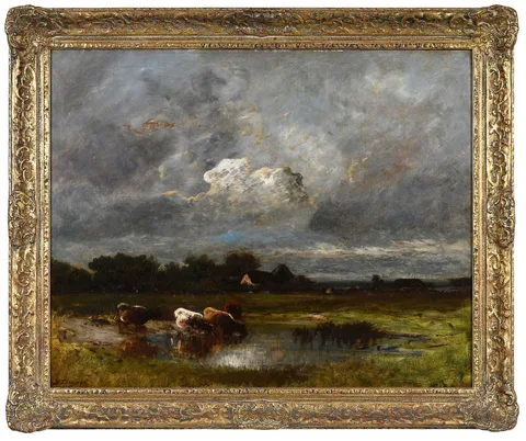Jules Dupré, Evening Landscape with Cows Watering in a Stream, oil on canvas