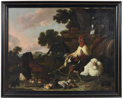 Melchior de Hondecoeter, Rooster and Chickens in a Farm Yard, oil on canvas