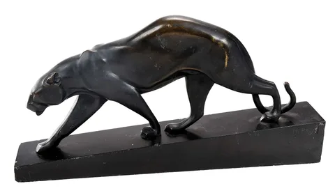 Maurice Prost, Panther, circa 1928, patinated bronze on sloped black marble base