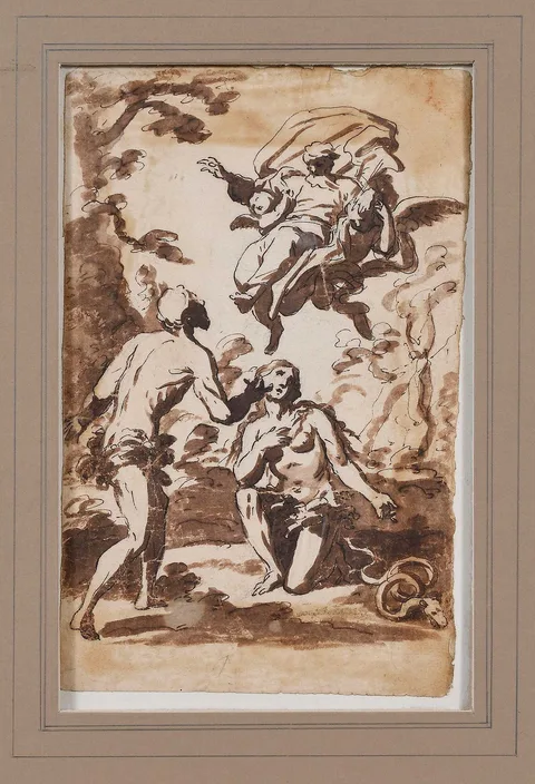 Domenichino, God Rebuking Adam and Eve In the Garden of Eden, brown pen and ink and ink wash on buff paper