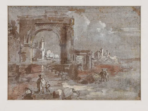 Coastal Capriccio View by Francesco Guardi, brown and sepia ink brush and wash with heightening on blue/gray paper, sold Sep 2023